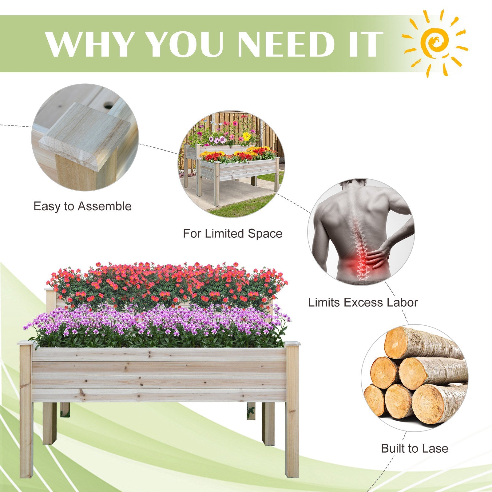 Outsunny 2-Piece Solid Fir Wood Plant Raised Bed, Flower Vegetable Herb Grow Box Stand, Garden Step Planter Stand, Free Combination 