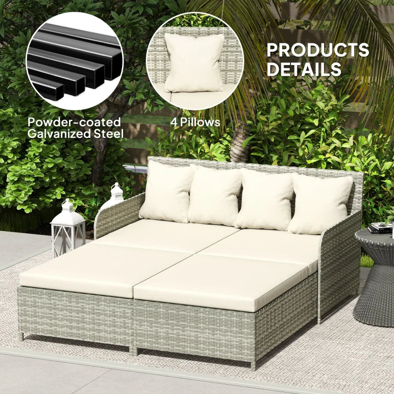 Rattan Outdoor Daybed, Sunbed Loveseat with Soft Cushions, 4 Pillows, Curved Backrest & Armrest, Beige
