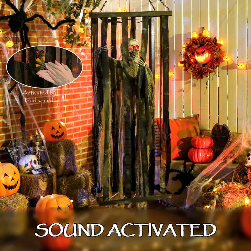 Outsunny Animatronic Hanging Skeleton Reaper in Cage – Voice-Activated Halloween Prop with Flashing Eyes 