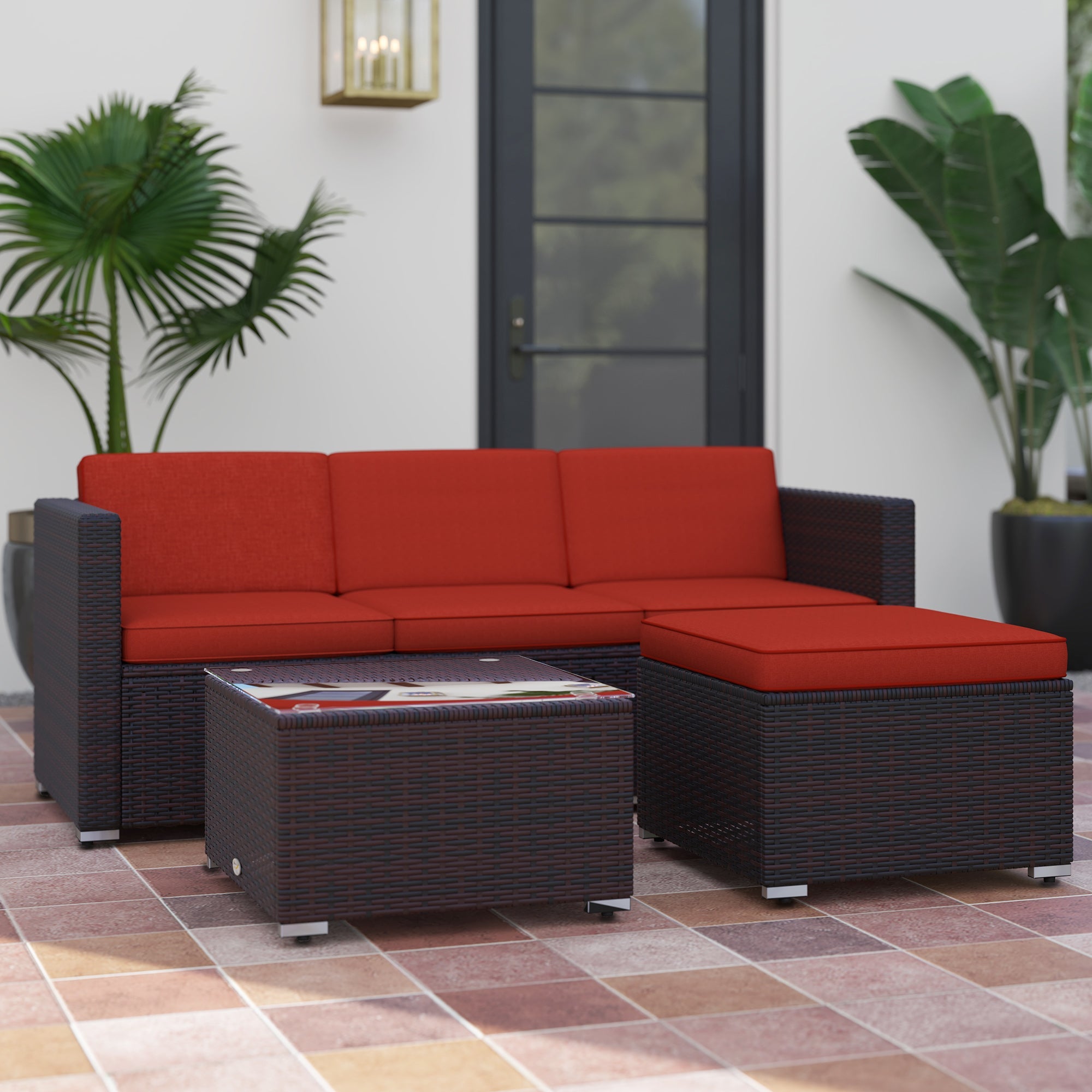 Outsunny Patio Furniture w/ Soft Cushions, Corner Sofa Sets, Red 