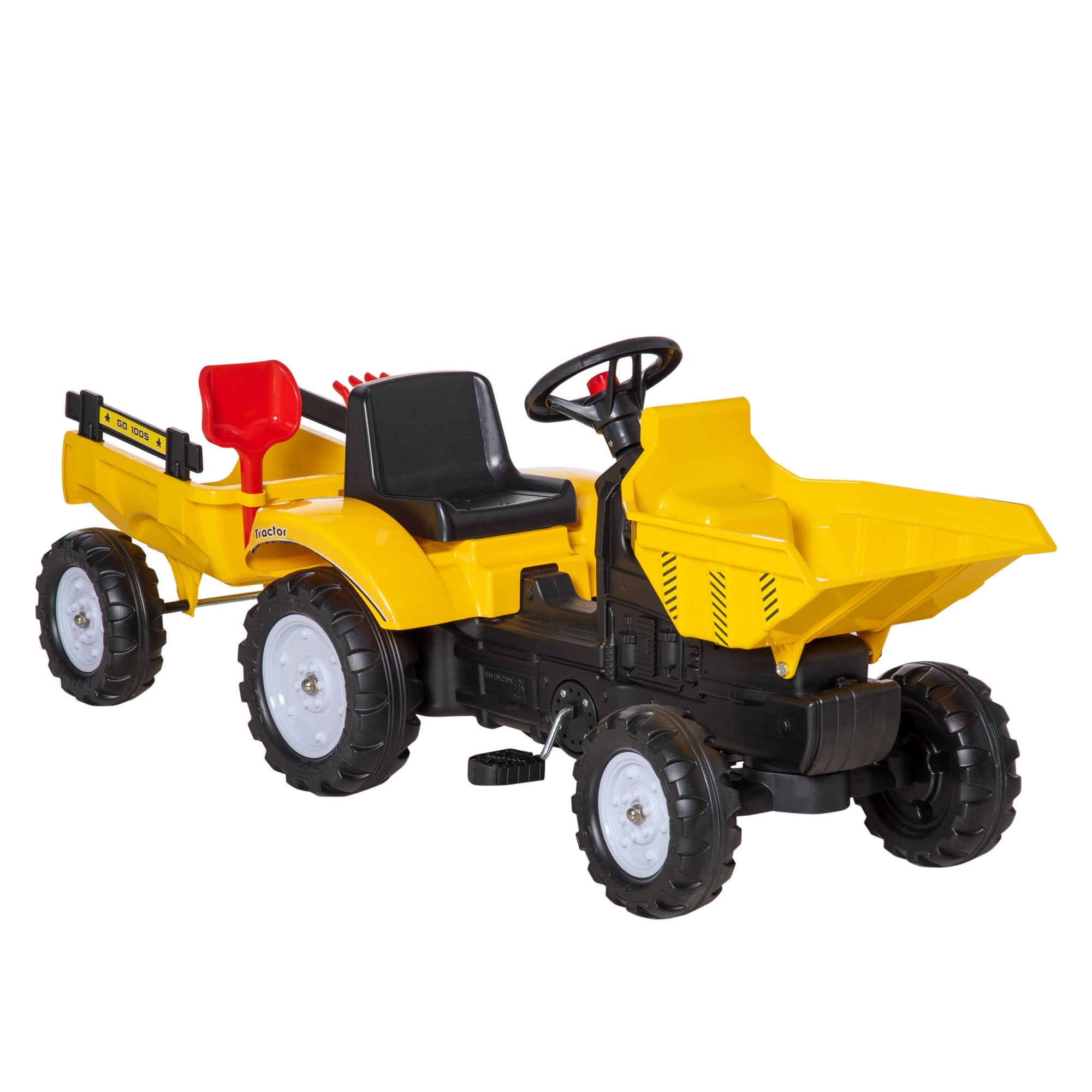 Aosom Yellow Pedal Ride On Dump Truck Front Loader Kids Ride-On Construction Tractor with Trailer 