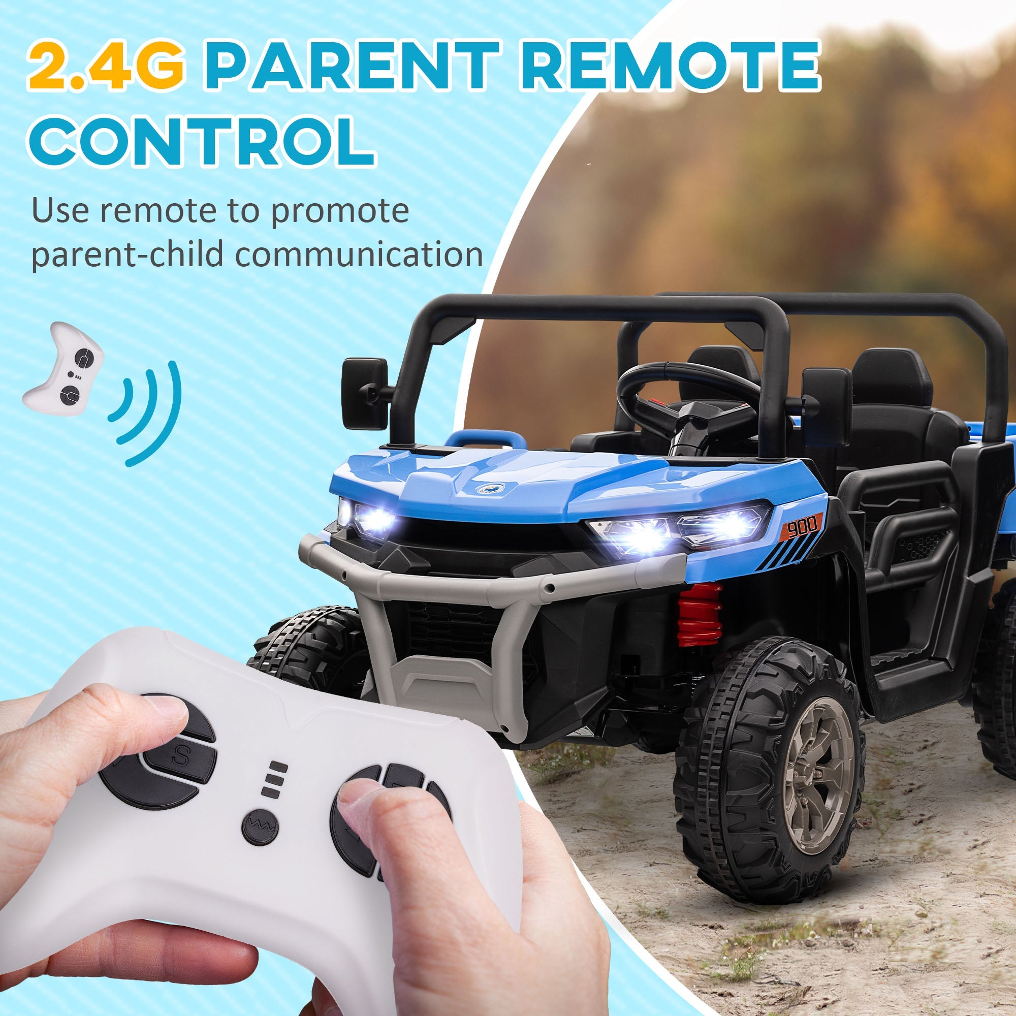 Aosom 12V Ride-On Car 2-Seater Electric Bucket Shovel Remote Control Spring Suspension Horn Music Blue 