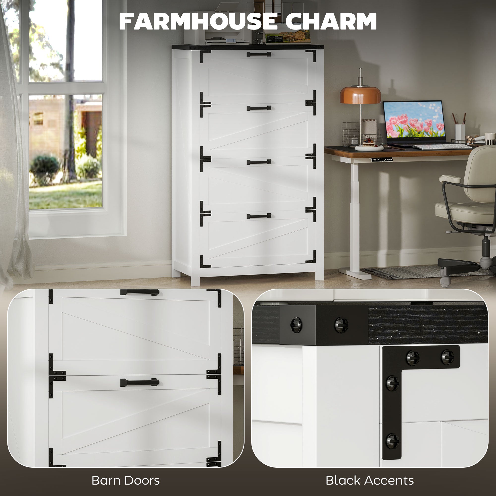 HOMCOM 4 Drawer Filing Cabinet, Farmhouse Office Storage Cabinet with Adjustable Hanging Bars for Letter, A4, Legal Size, White 