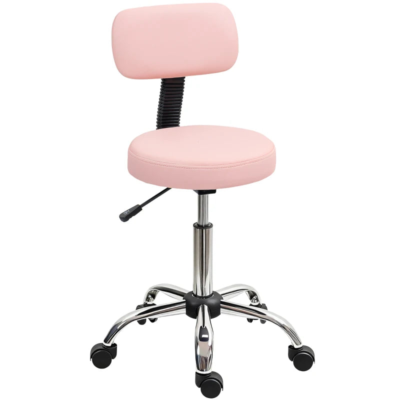 Adjustable Rolling Stool with Removable Backrest, Faux Leather Swivel Stool Chair for Salon Spa, Bar, Massage, Pink