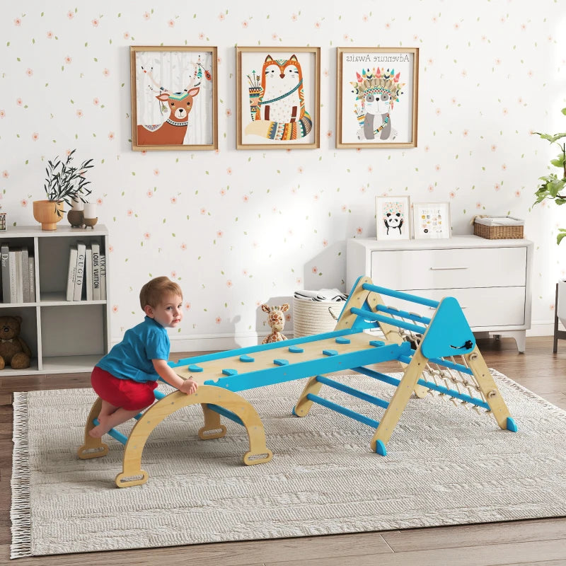 Qaba 8-in-1 Pikler Triangle Set, Foldable Wooden Climbing Toys with Arch, Ramp and Ladder for Ages 18-48 Mouths, Blue