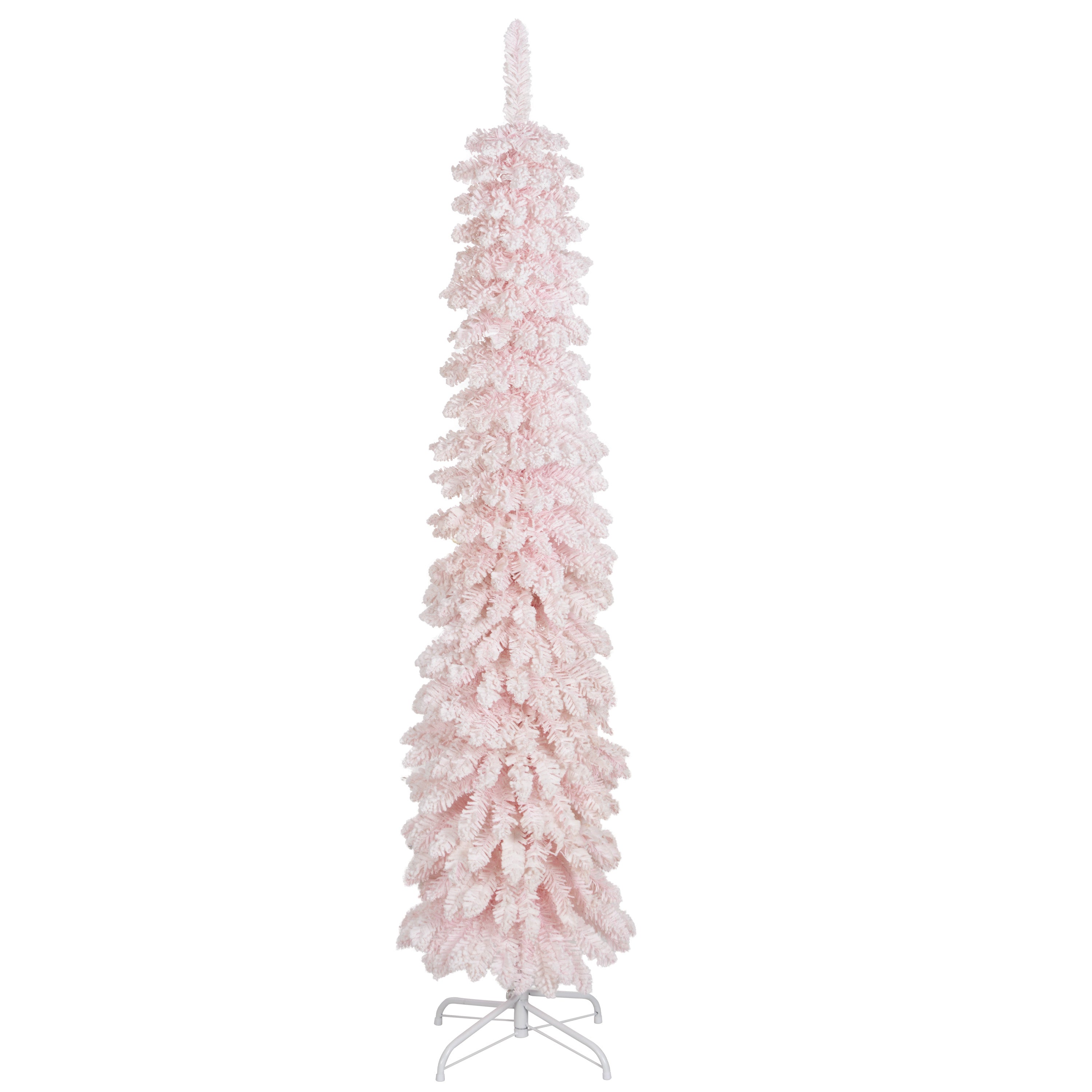 HOMCOM 6ft Snow-Flocked Artificial Christmas Tree, Slim Pencil Xmas Tree with 395 Realistic Branches, Metal Base, Pink 