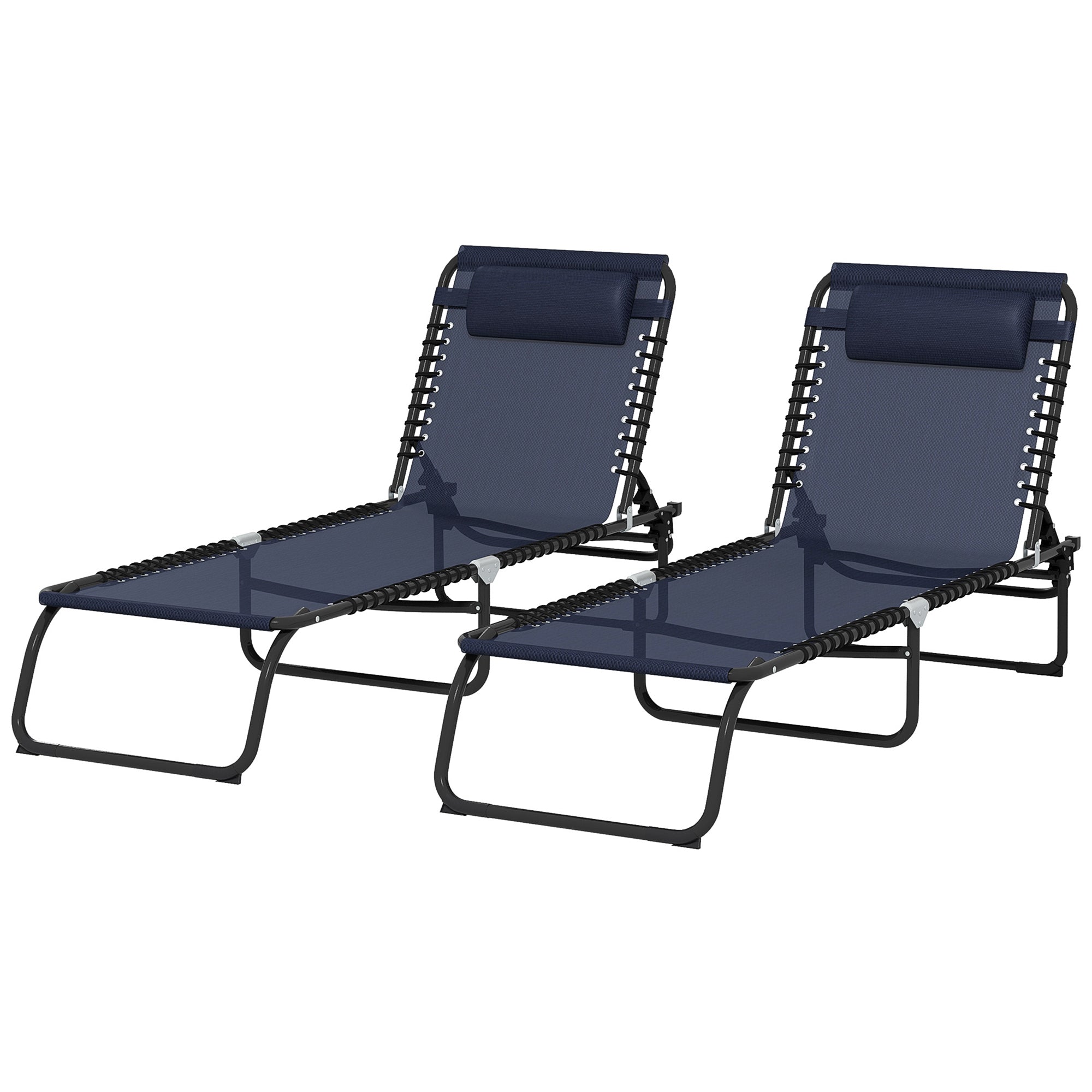 Outsunny 2 PCs Folding Lounge Chair, Adjustable Chaise Lounge with Headrest, Reclining Lounger Cot for Camping, Hiking, Dark Blue 