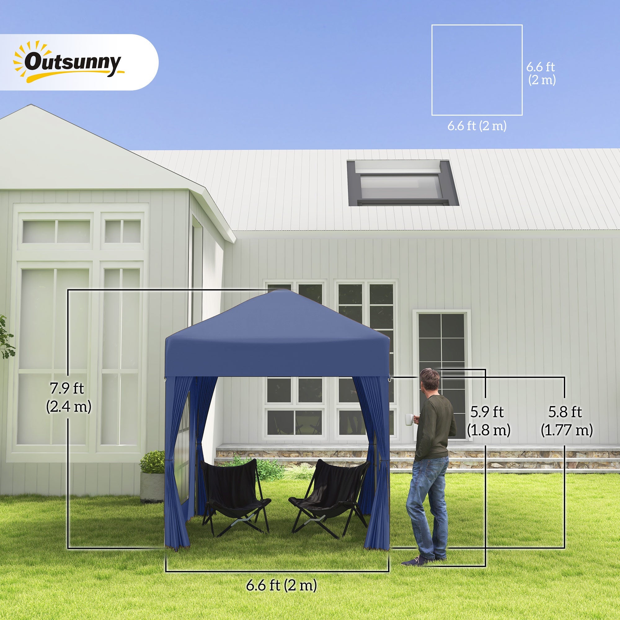 Outsunny 6.6x6.6ft Blue Pop Up Party Tent - Outdoor Folding Gazebo Canopy with Side Walls 