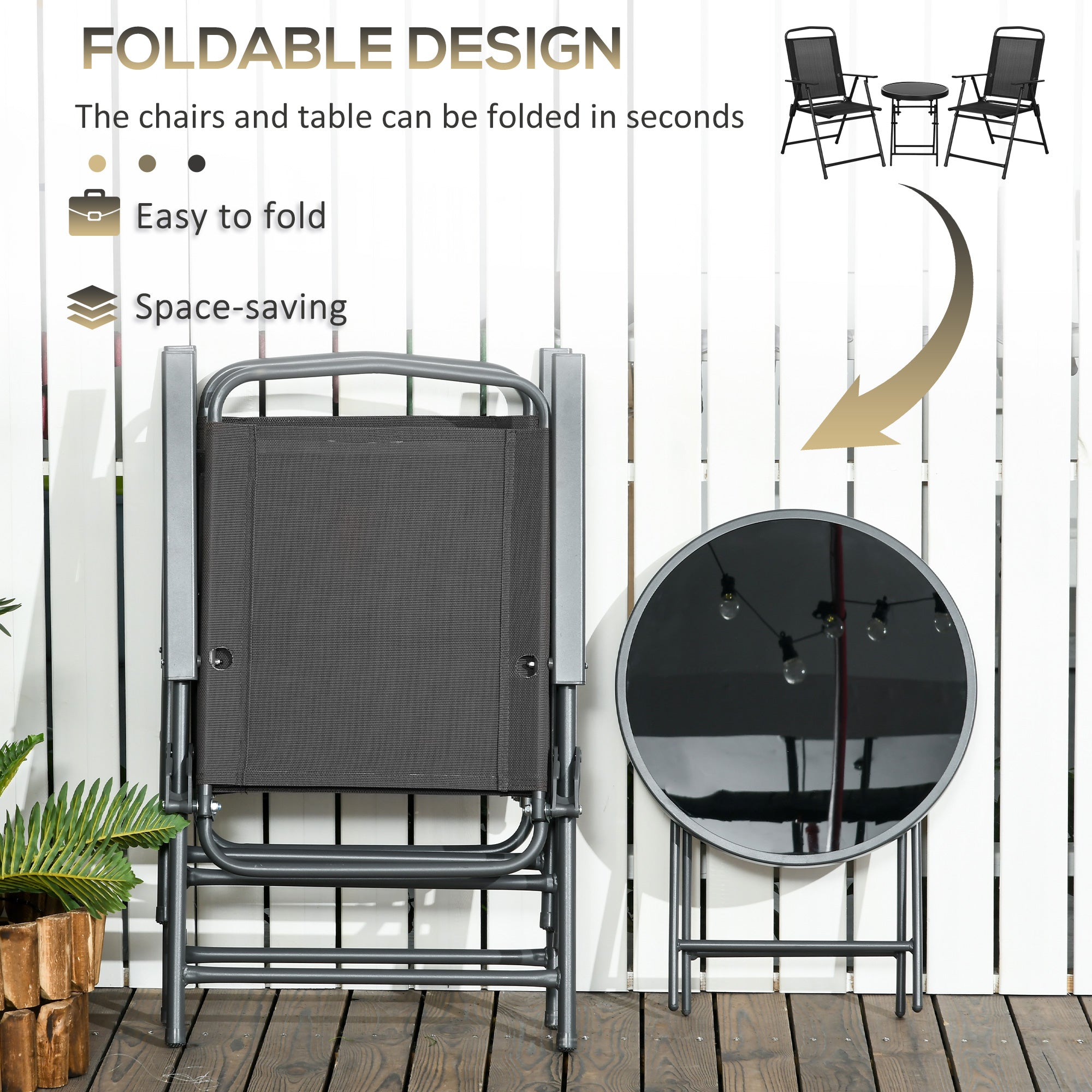 Outsunny 3 Pieces Bistro Set, Foldable Patio Furniture Set with Mesh Chairs, Glass Table for Garden, Balcony, Black 