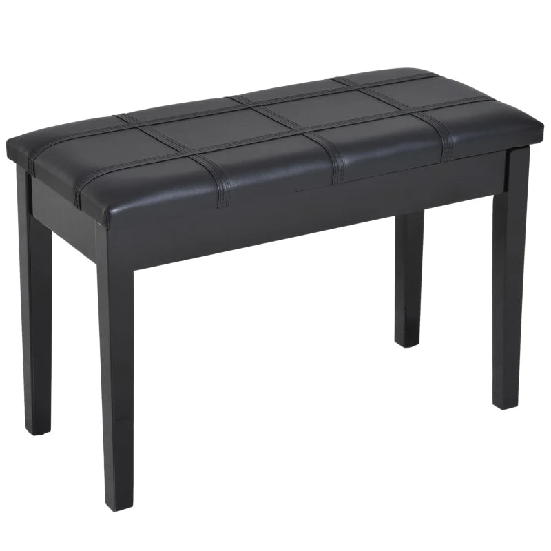 Classic Piano Bench Stool, PU Leather Padded Keyboard Seat with Rubber Wood Legs and Music Storage Compartment, Banded Seat, Black