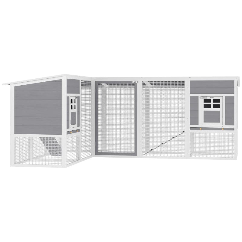 Chicken Coop with Run, L-Shaped Wooden Chicken House with 2 Houses, Outdoor Hen House with Waterproof Roof and Ramps