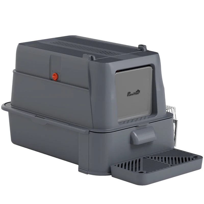 80L XL Stainless Steel Cat Litter Box for Big Cats with Flip Cover, Pull-Out Drawer Tray, High Sided, Pedal, Dark Grey