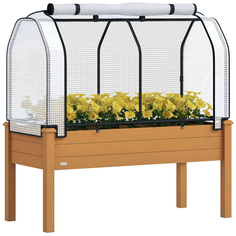 Raised Garden Bed with PE Greenhouse Cover Outdoor Elevated Wood Planter Box for Herbs and Vegetables Sand