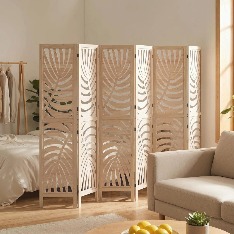 6 Panel Room Divider, Detachable Folding Privacy Screens with Palm Leaf Design for Home Office, Natural Wood