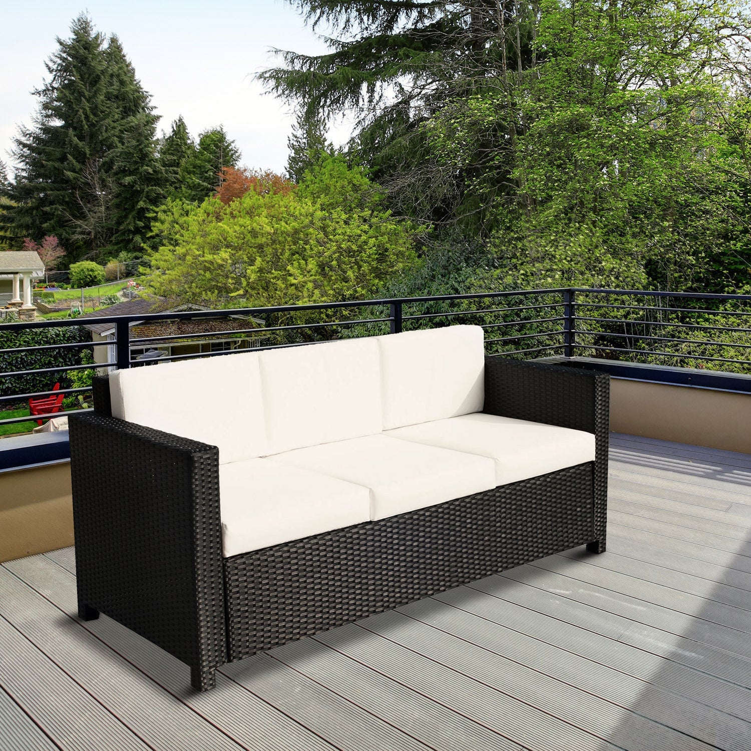 Outsunny Luxury 3-Seater Sofa Rattan Wicker Outdoor Patio Furniture with Plush Cushions Weatherproof Black 