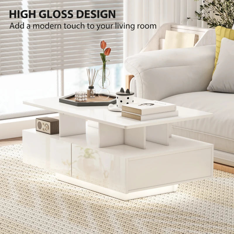 Coffee Table with RGB LED Lights, Modern Living Room Table with 4 Drawers, Open Shelf, Remote Control, High Gloss White
