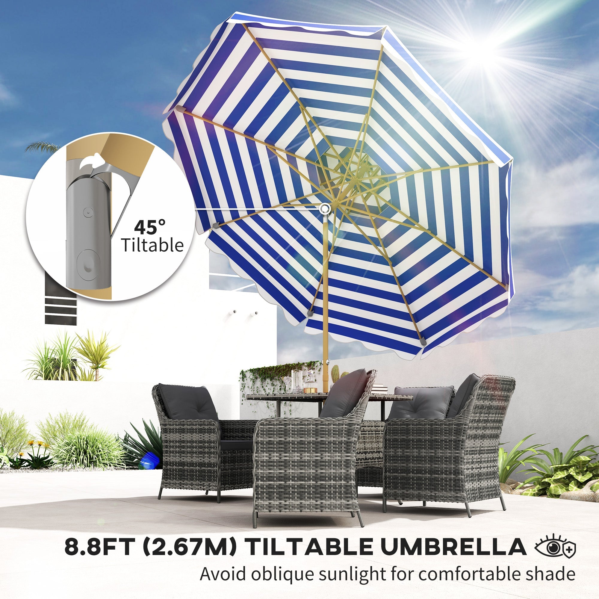 Outsunny 9FT Patio Umbrella with 8 Ribs, Crank, Tilt, UPF 50+, 2-Tier Vent for Garden, Deck, Poolside, Blue 