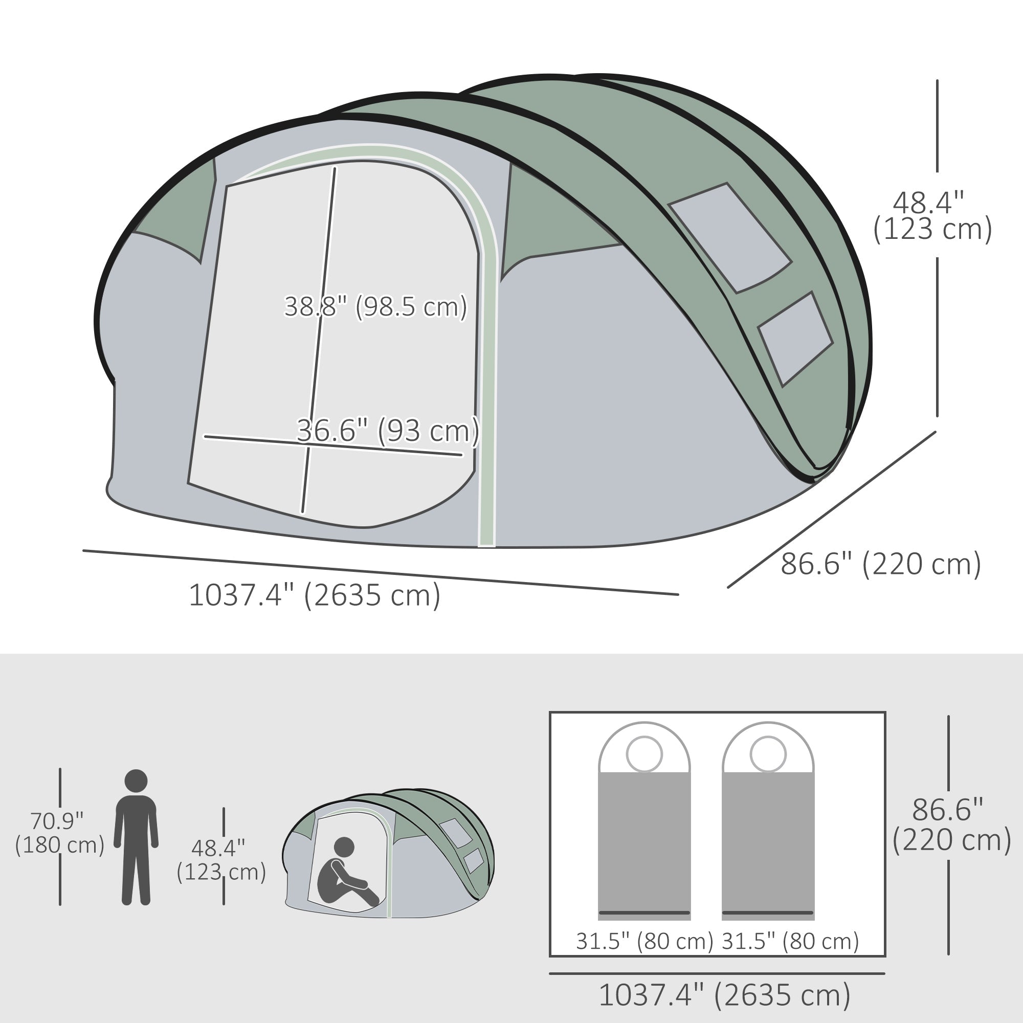 Outsunny 5 Person Camping Tent, Easy Pop Up Tent with Doors, Windows and Carry Bag, Automatic Setup Tent for Hiking, Dark Green 