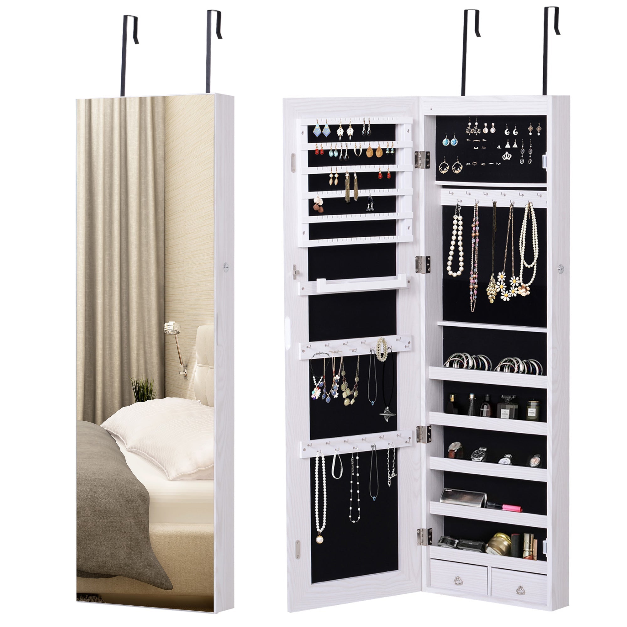 HOMCOM LED Lighted Mirror Jewelry Cabinet Wall Door Mounted Storage Organizer Armoire Wood Grain Gray 