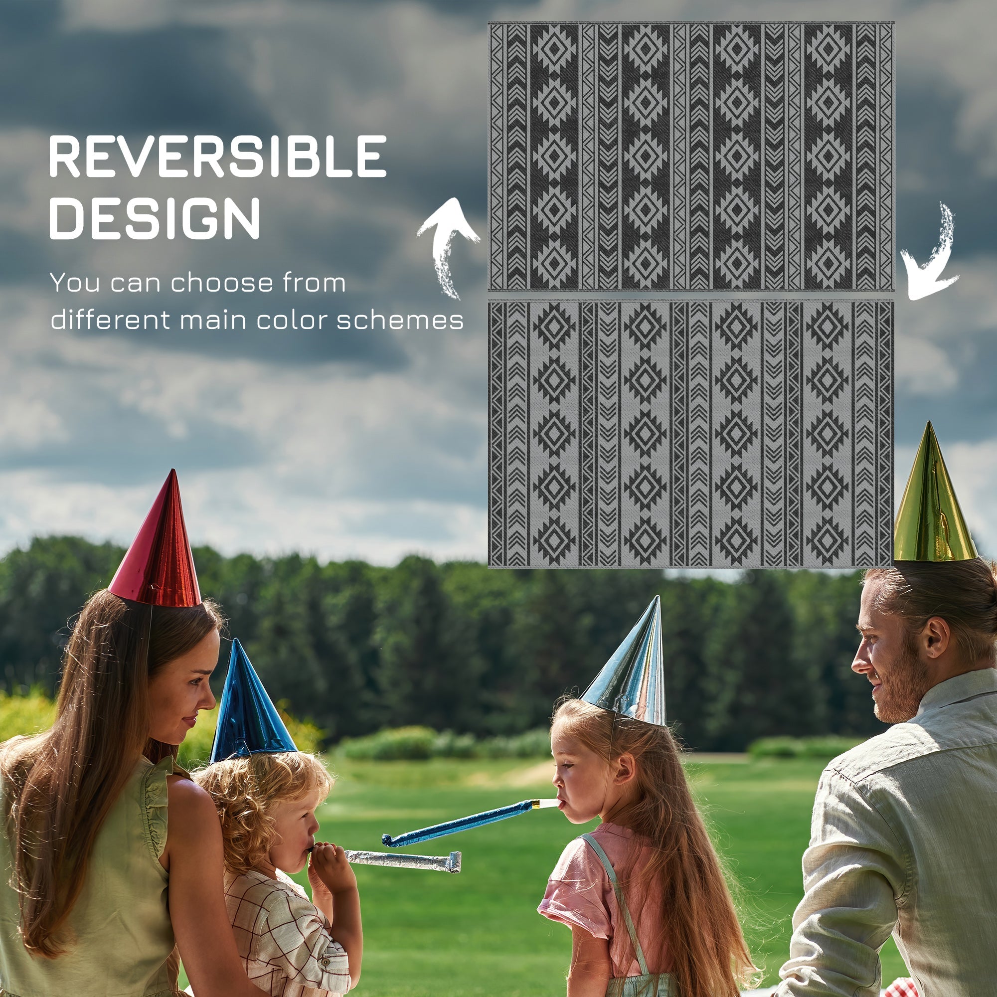 Outsunny Reversible Outdoor RV Rug, Patio Floor Mat, 6' x 9' Plastic Straw Rug for Backyard, Deck, Beach, Camping, Black & Grey 
