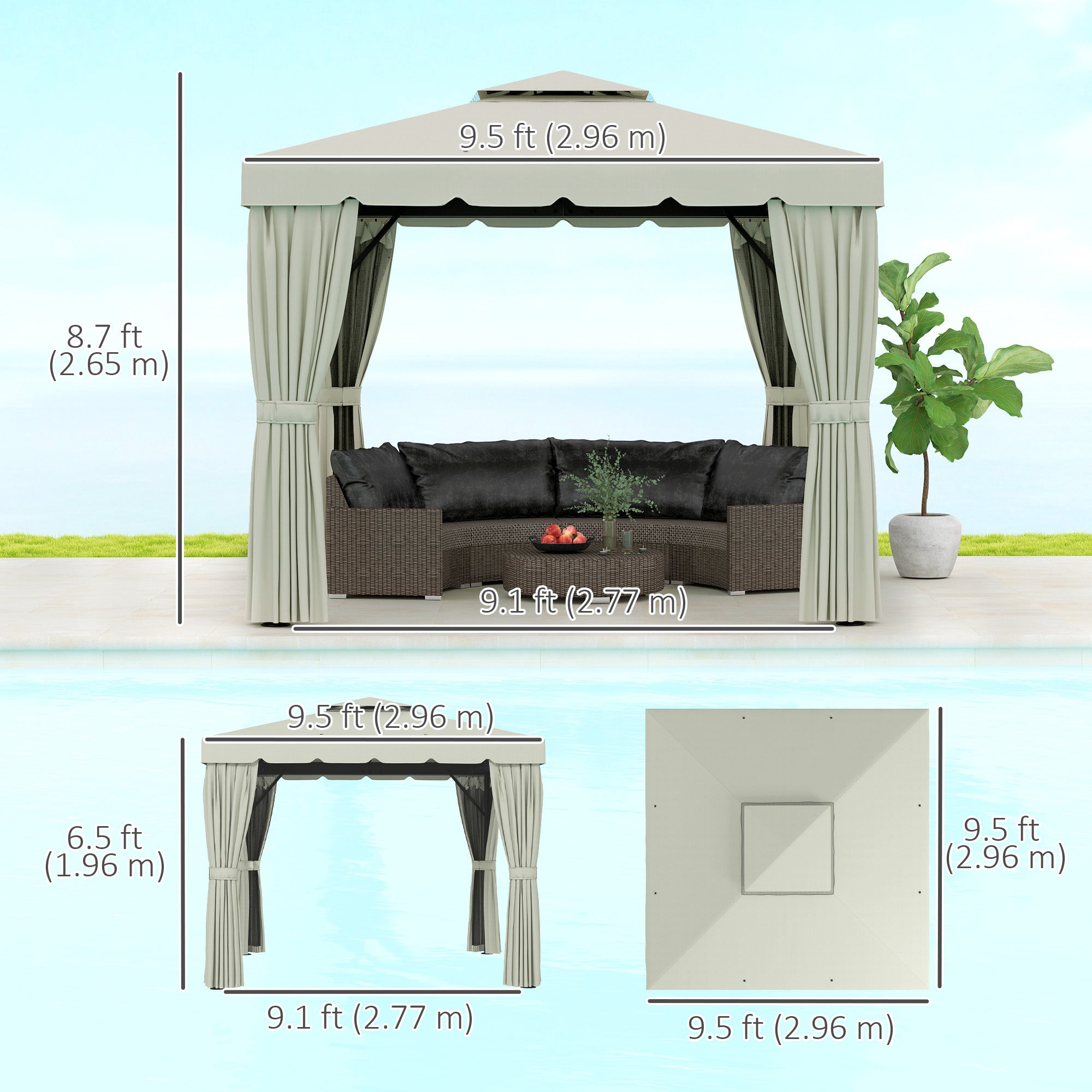 Outsunny 10' x 10' Outdoor Patio Gazebo Double Soft-top Garden Shelter Tent with Curtains, & Mesh Screen Drapes, Cream White 
