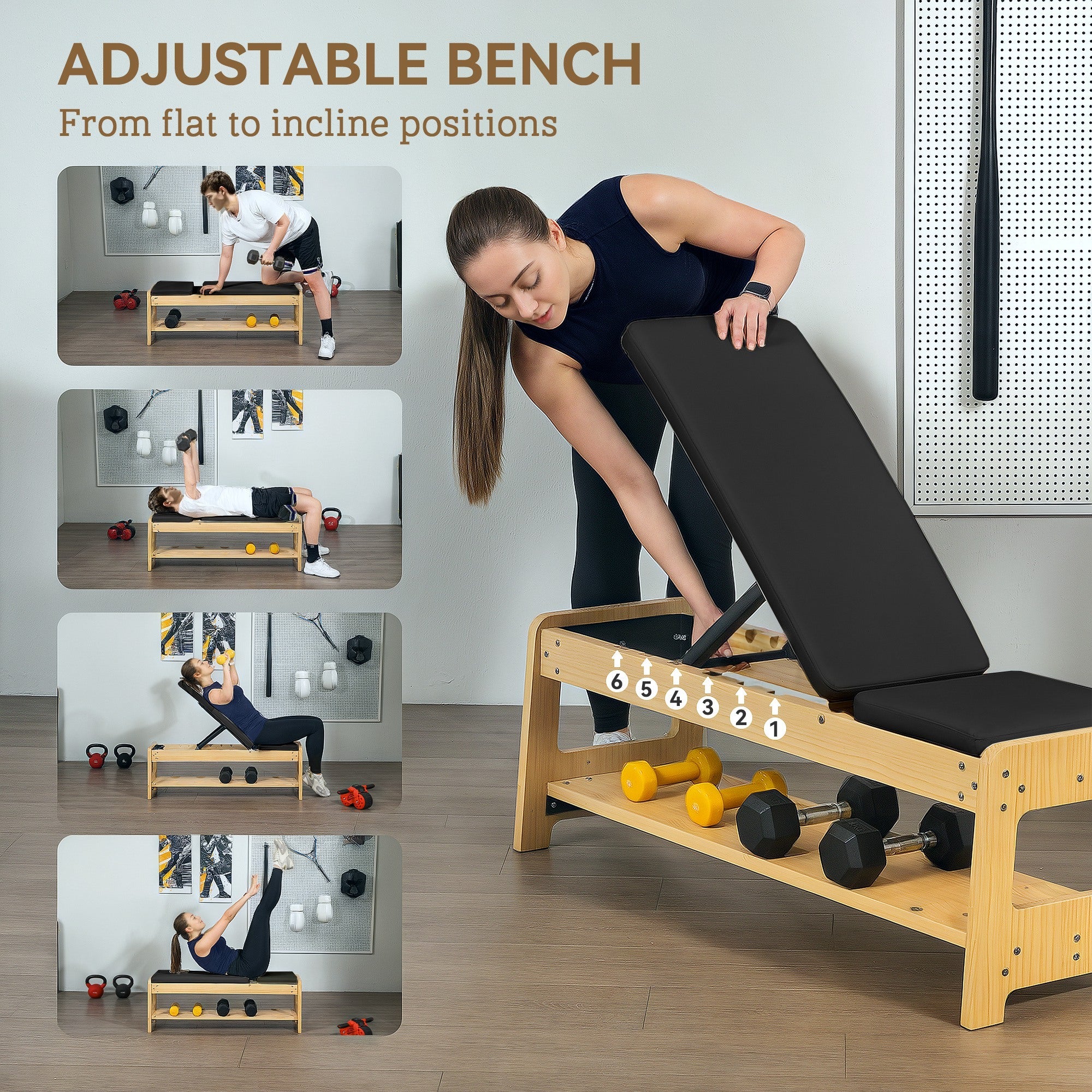 Soozier Wooden Adjustable Weight Bench with Dumbbell Storage Rack, Flat or Incline Workout Bench for Weight Lifting, Black 