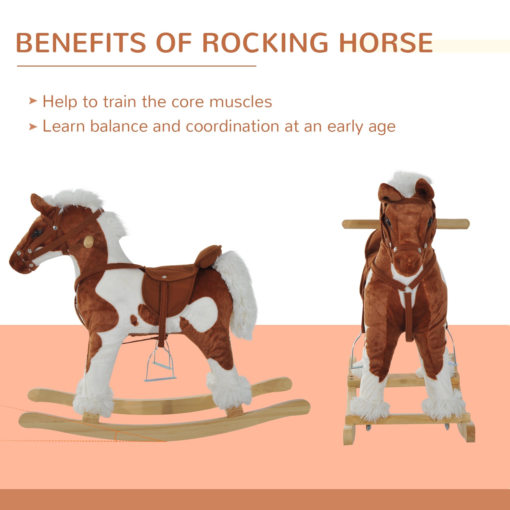 Qaba Kids Metal Plush Ride-On Rocking Horse Chair Toy w/ Nursery Rhyme Music - Light Brown / White 