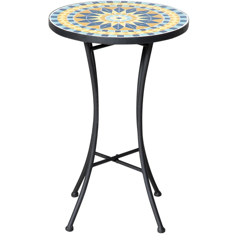 Mosaic Patio Table, Round Coffee Table with Metal Frame, Garden Furniture for Outdoor, Poolside, Yellow