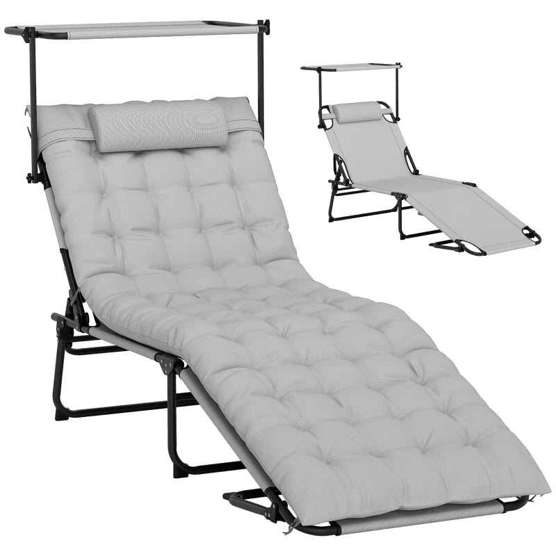 Folding Lounge Chair with Adjustable Canopy, 4-Position Outdoor Tanning Chair with Headrest, Light Grey