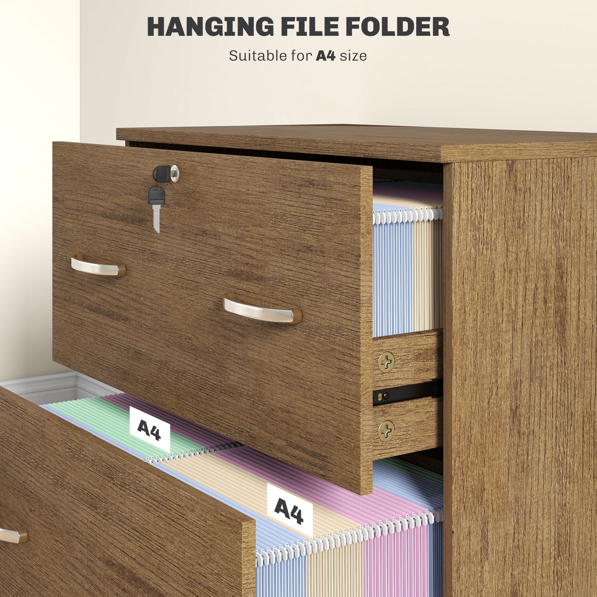 Vinsetto 2 Drawer File Cabinet with Lock, Office Filing Cabinet, Hanging Bar for Letter Size, Home Office, Light Brown 