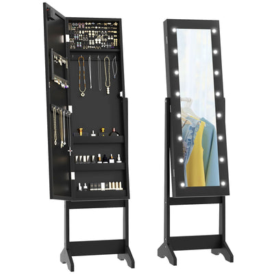 HOMCOM Freestanding Armoire Jewelry Cabinet Lighted Mirror Angle Adjustable 16 LED Lights Black 