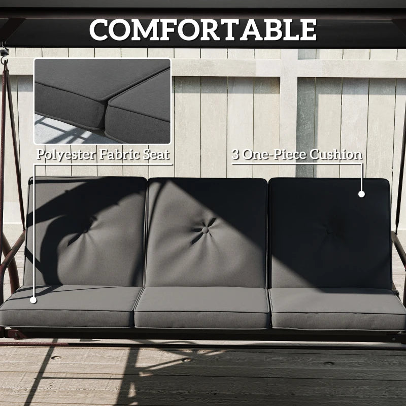 Convertible Patio Swing Bed with Canopy and Cushions, 3 Seater Porch Swing for Outdoor, Backyard, Garden, Dark Grey