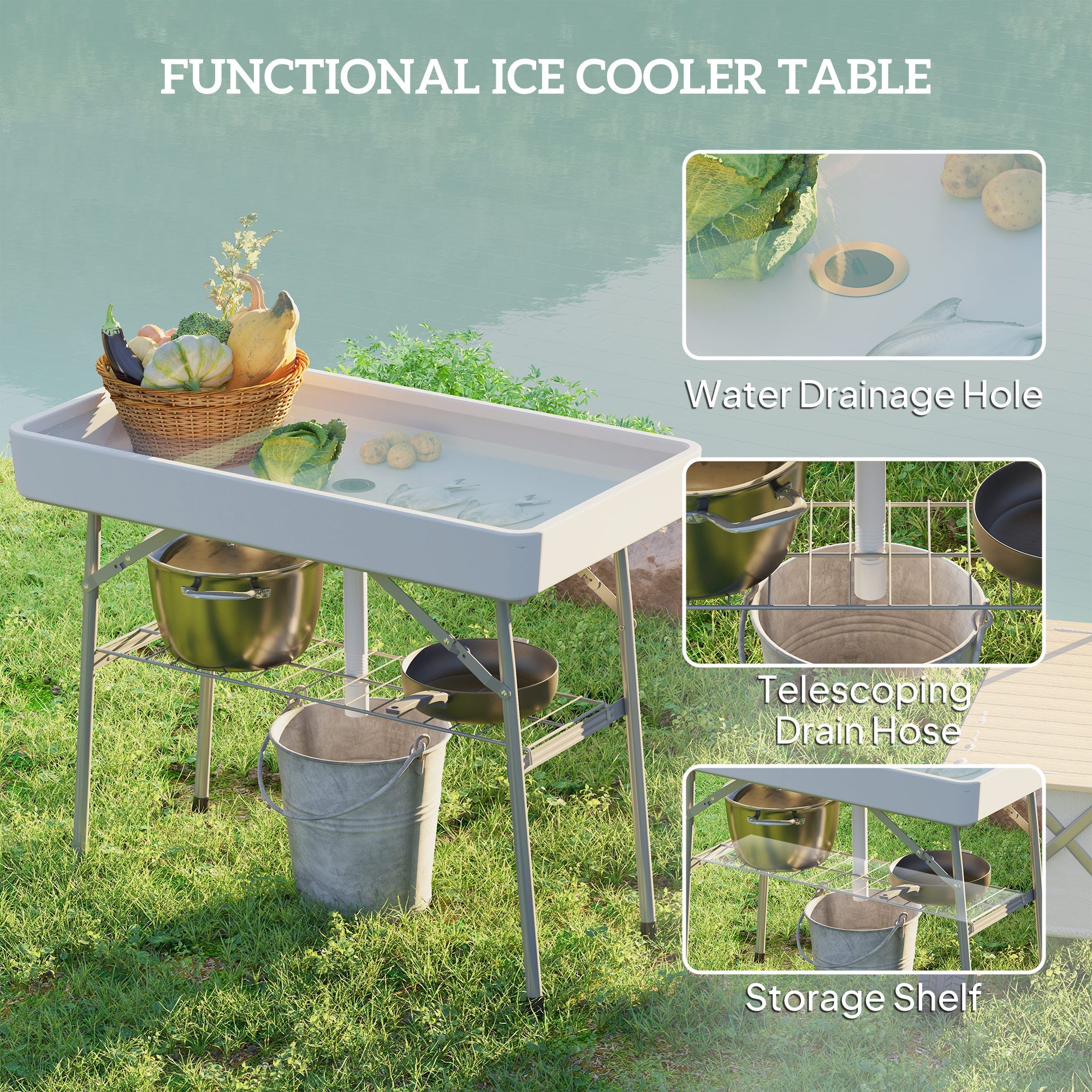 Outsunny 3.4ft Folding Ice Cooler Table with Drain, Party Cooler for Drinks, Outdoor Cooler Table with Storage Shelf, Patio Cooler Table for Party Picnic BBQ Camping Wedding, White 