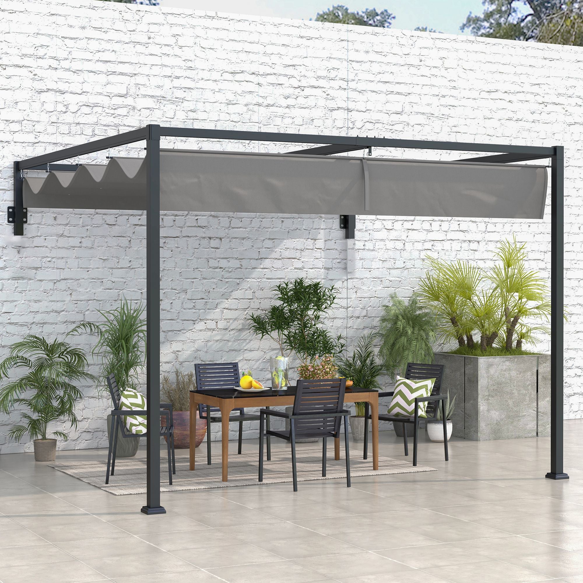 Outsunny 10' x 10' Lean To Pergola, Metal Pergola with Retractable Roof for Grill, Garden, Patio, Deck 
