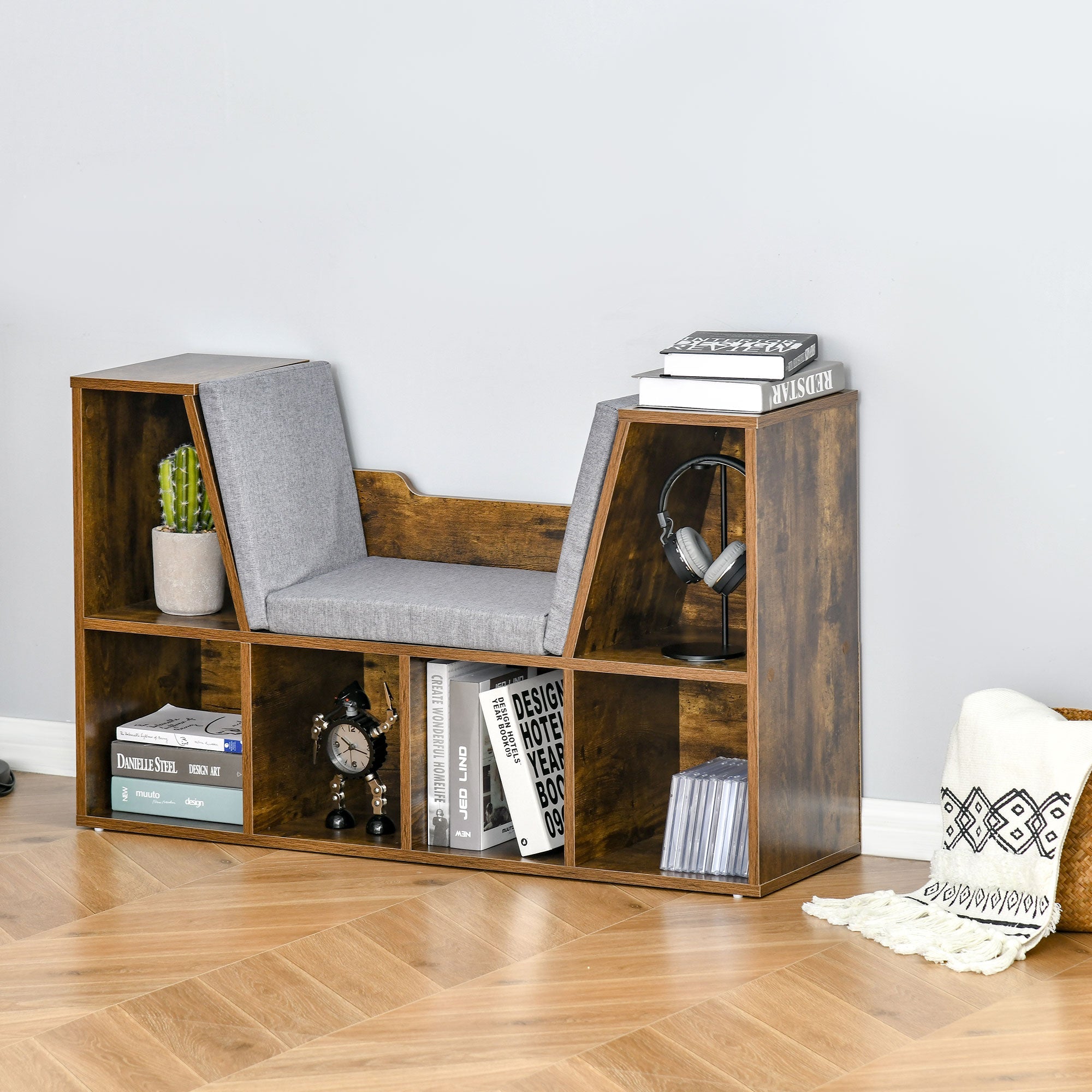 HOMCOM 6-Cubby Bookcase with Seat Cushion, Cube Storage Shelf with Reading Nook for Home Office, Study, Rustic Brown 