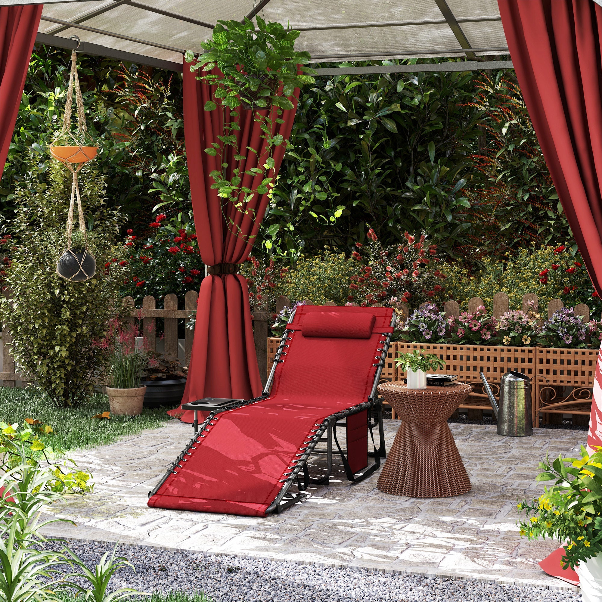 Outsunny Outdoor Folding Lounge Chair, Reclining Chaise Lounge Tanning Chair with Adjustable Back, Side Table, Headrest, Red 