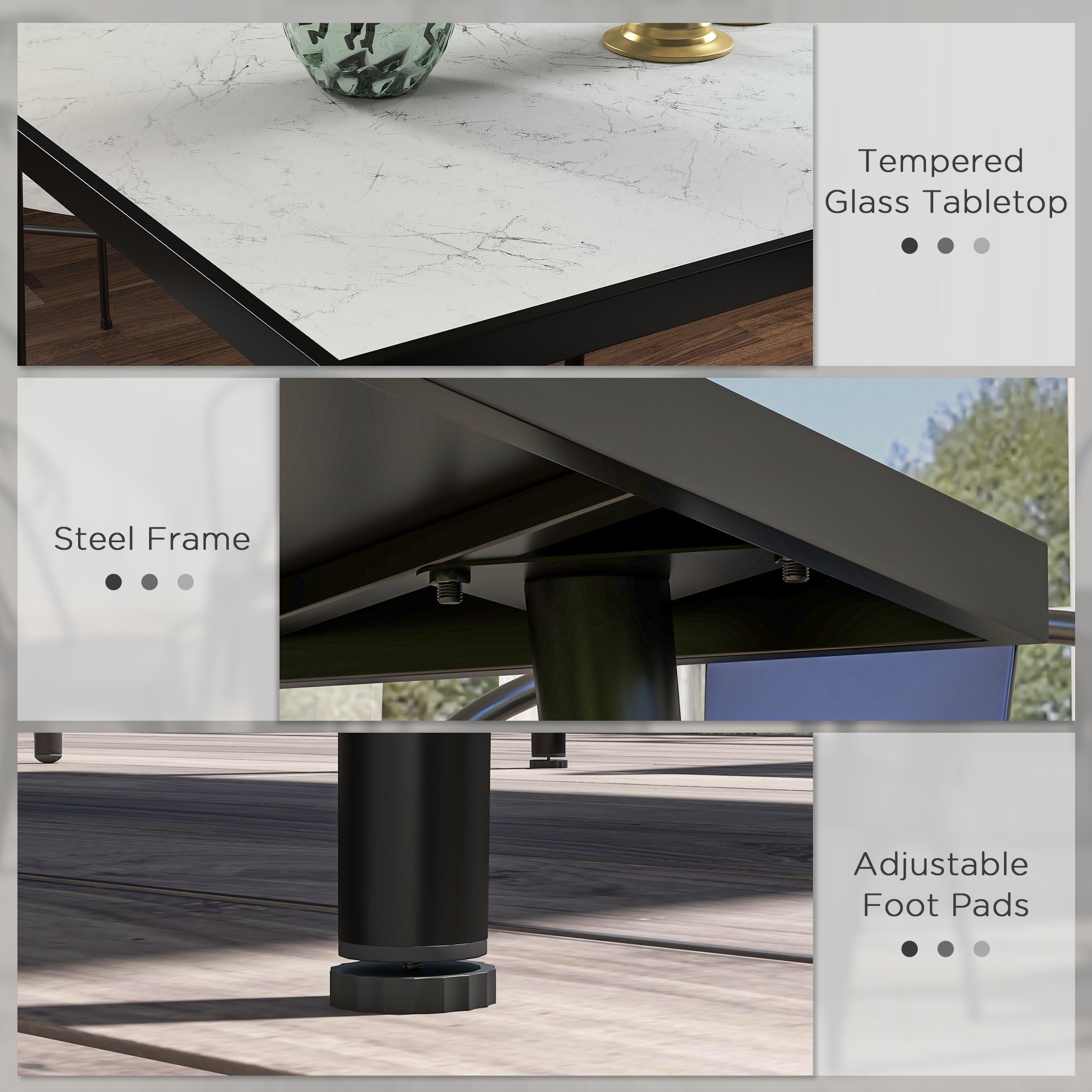 Outsunny Outdoor Dining Table for 4, Square Patio Dining Table with Marble Effect Tempered Glass Top and Steel Frame, White 