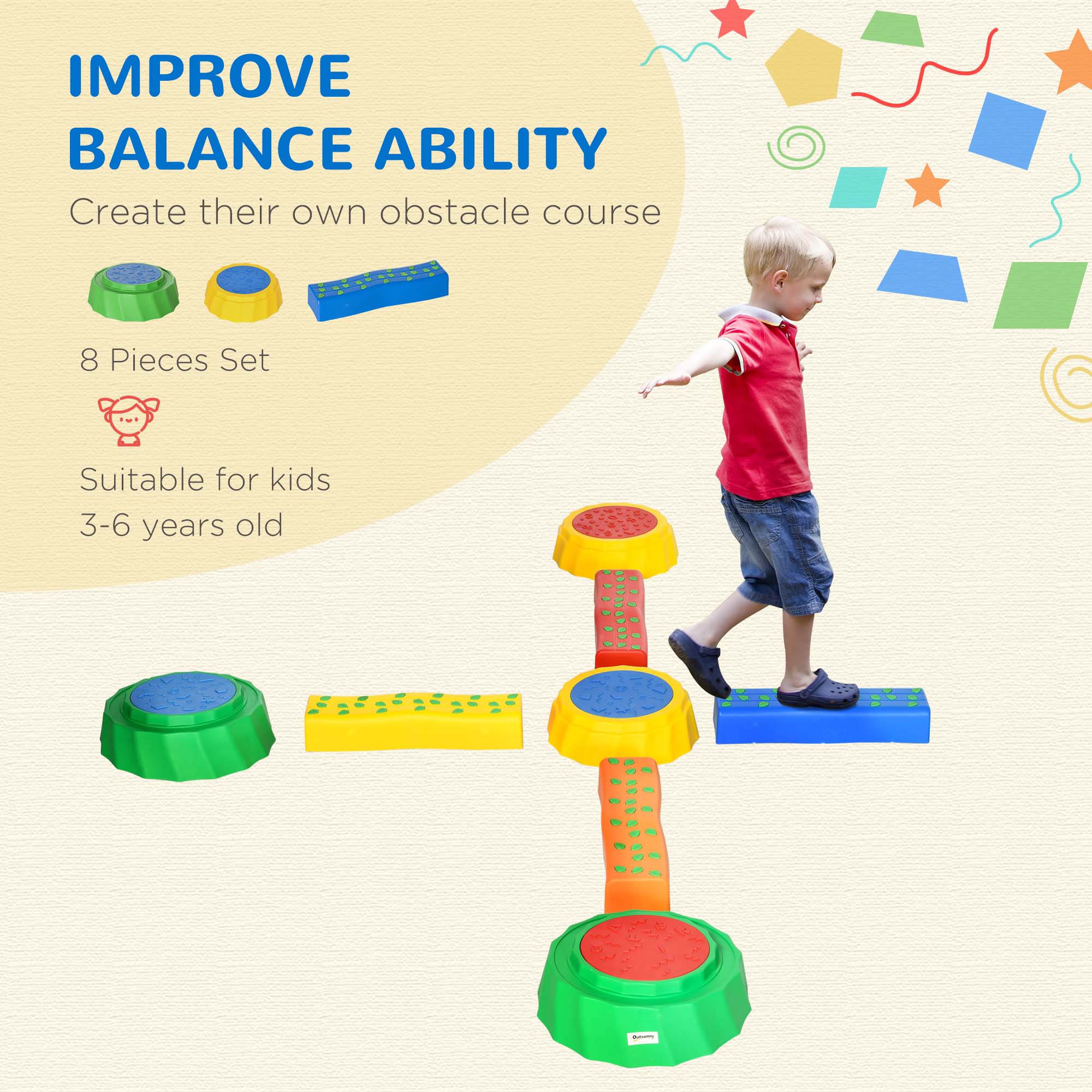 Outsunny Stepping Stones: 8pc Toddler Balance Beam Set, Non-slip Surface, Stackable Stepping Stones for Kids Sensory Play Equipment 