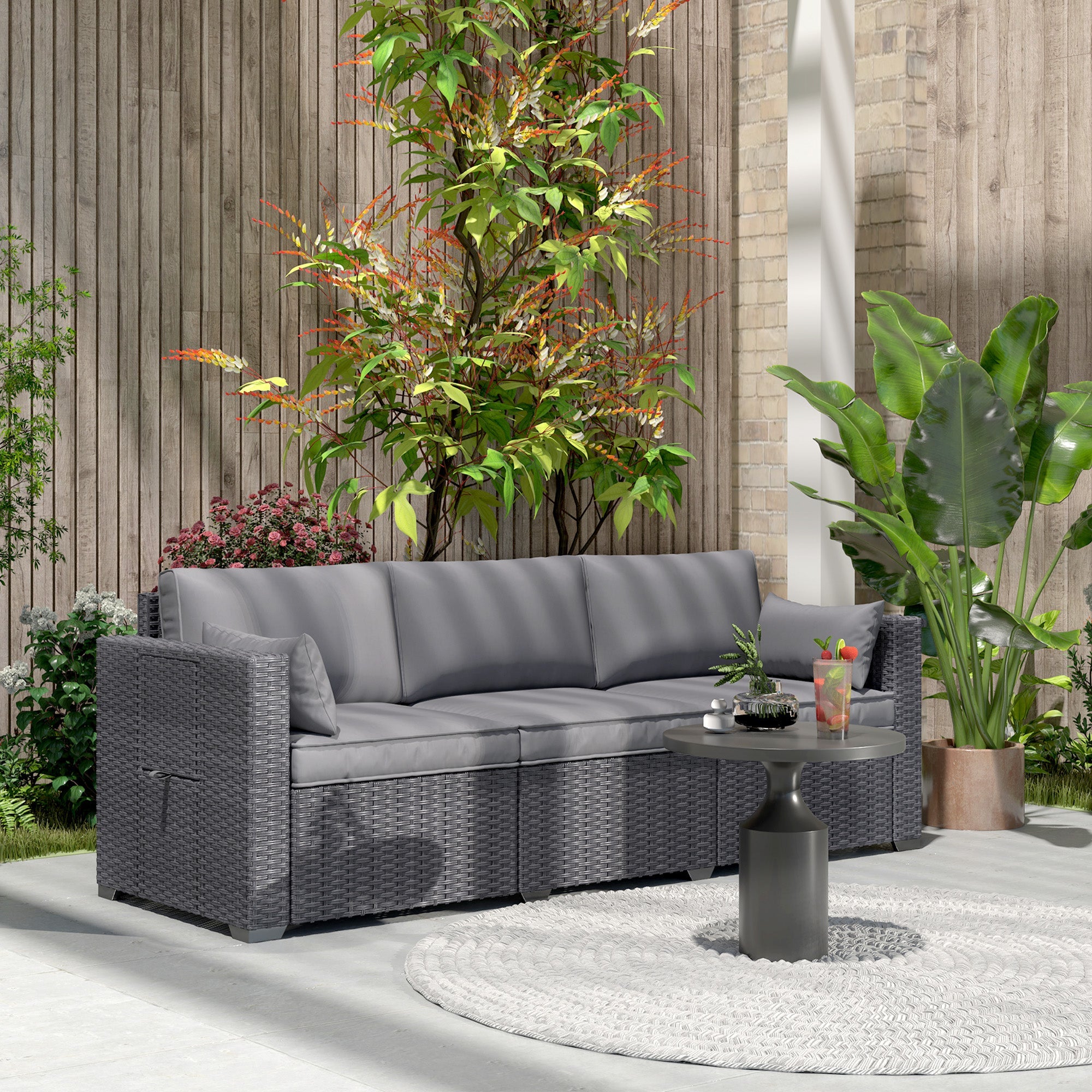Outsunny 3 Seater Wicker Patio Sofa with Side Trays, Outdoor Couch with 6" Thick Back Cushions, Deep Seating, Grey 