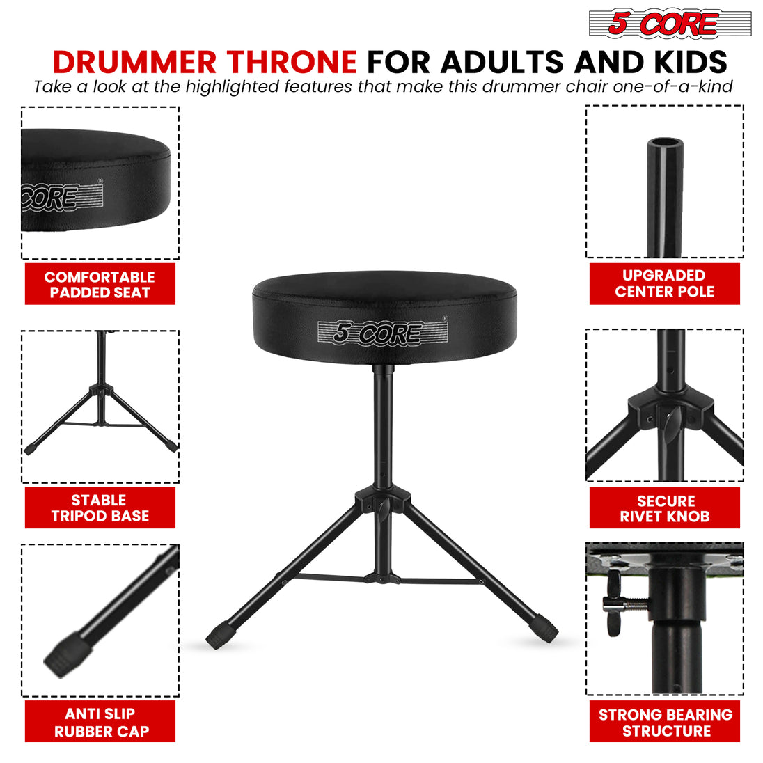 5Core Drum Throne Adjustable Guitar Stool Padded Drummer Seat for Adults & Kids BLACK