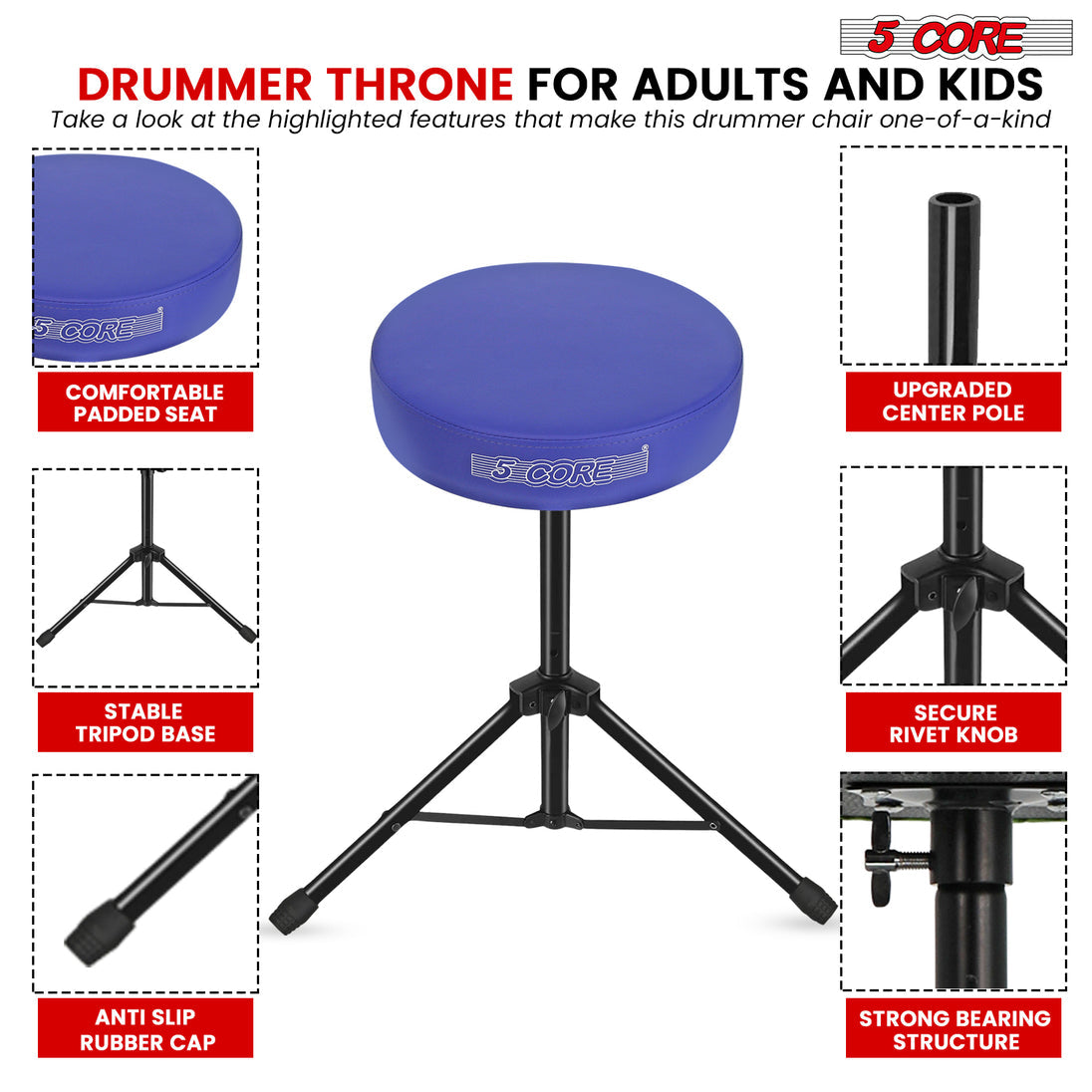 5Core Drum Throne Adjustable Guitar Stool Padded Drummer Seat for Adults & Kids BLUE