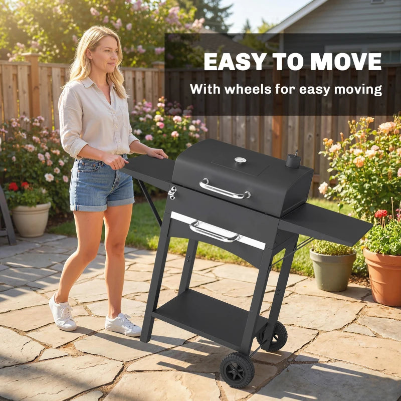 Charcoal Grill with 2 Side Tables, Barbecue Grill with Thermometer and Warming Rack, Wheels, 43.3"x18.3"x39.8", Black