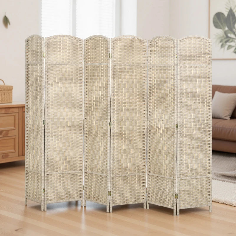 6 Ft Tall Folding Room Divider, 6 Panel Portable Privacy Screen, Hand-Woven Partition Wall Divider, Light Oak