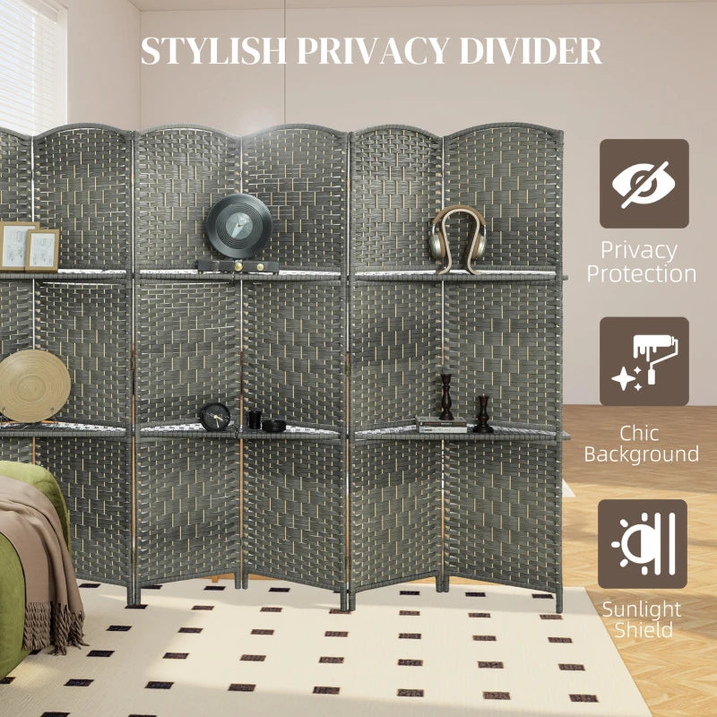 6 FT Privacy Screen, 6 Panel Room Divider with Shelves for Living Room Bedroom Home Office, Grey