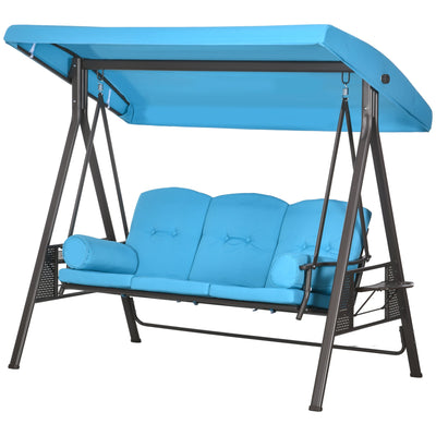 Outsunny Outdoor Patio 3-Person Steel Canopy Cushioned Seat Bench Swing with Included Side Trays & Padded Comfort, Light Blue 