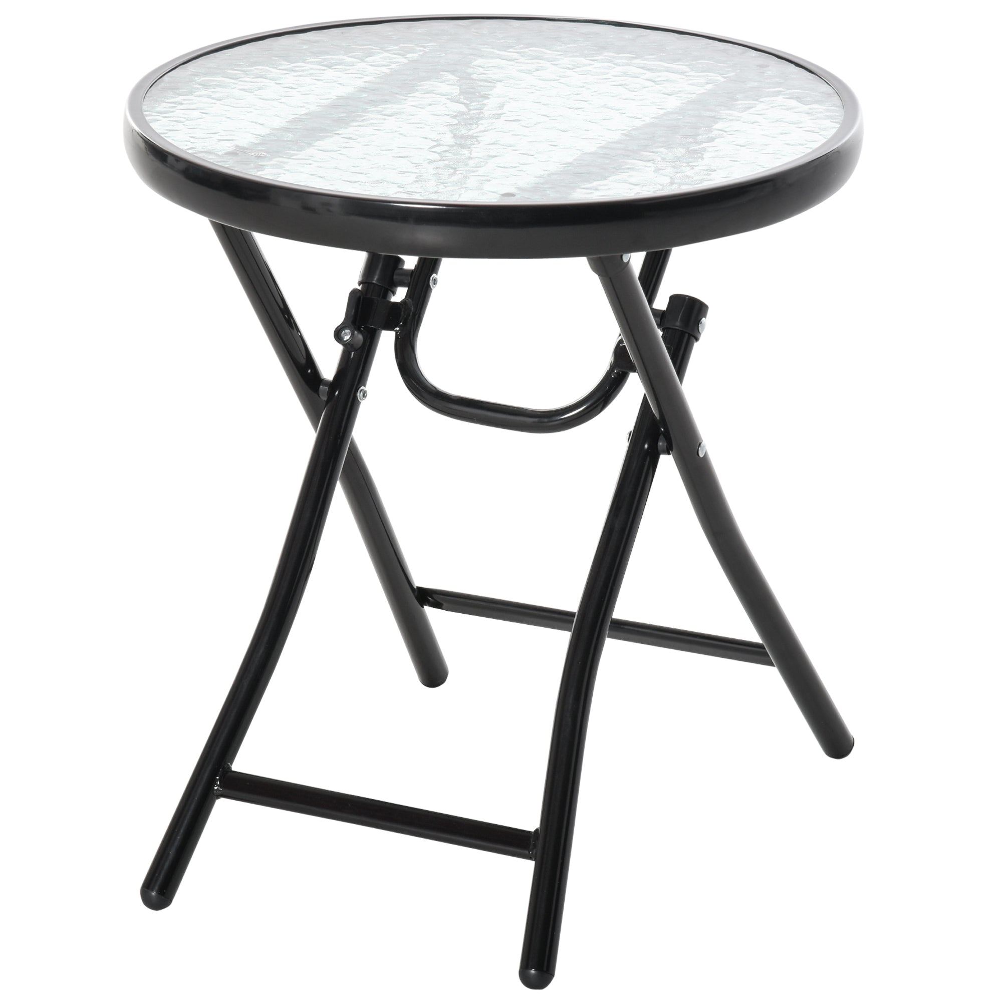 Outsunny Compact Foldable Garden Table Φ17.75" Round Dining Safety Buckle Glass Top Metal Edge Outdoor Furniture 