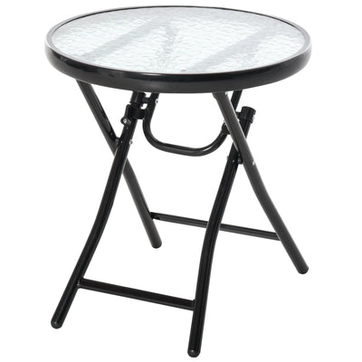 Outsunny Compact Foldable Garden Table Φ17.75" Round Dining Safety Buckle Glass Top Metal Edge Outdoor Furniture 