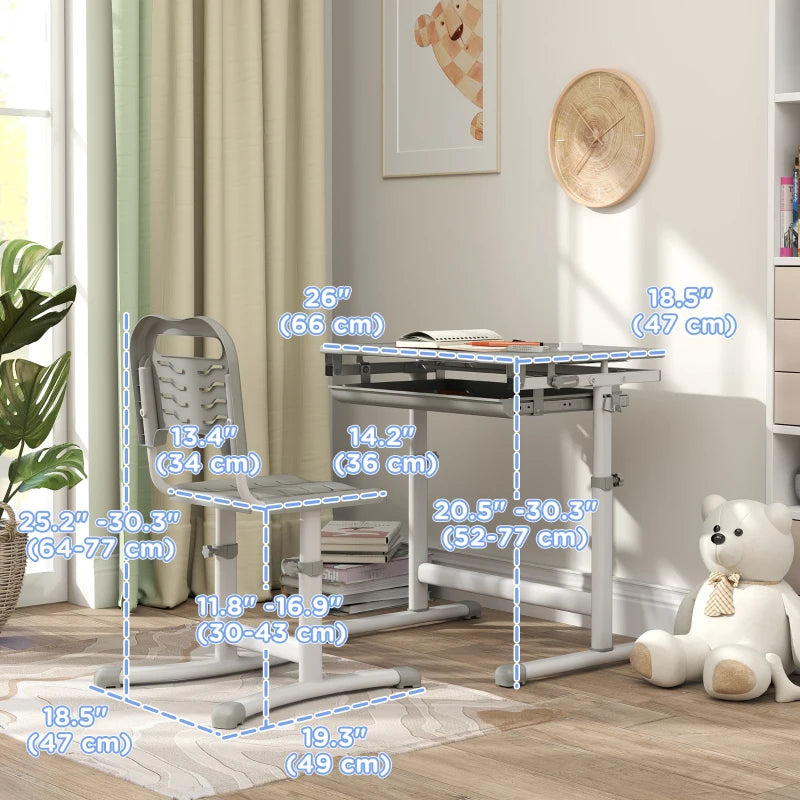 Qaba Height Adjustable Study Table and Chair Set with Drawer, Pen Slot, Tiltable Desktop, Hook, Grey