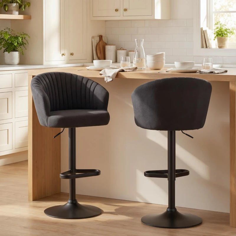 Adjustable Bar Stools Set of 2, Upholstered Kitchen Stools with Swivel Seat, Steel Frame, Footrest, ‎Black