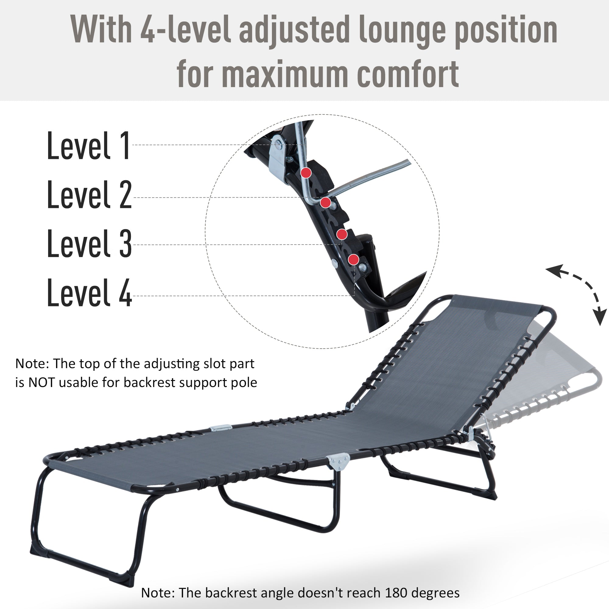 Outsunny Adjustable Folding Beach Bed 4-Level Reclining Lounger Lightweight Portable Camping Grey 
